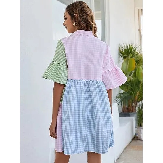 Women Fashion Casual Plaid Stitching Lapel Short-Sleeve Loose Dress Women Fashion Casual Plaid Stitching Lapel Short-Sleeve Loose Dress