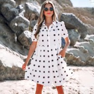 Women Fashion Casual Dot Print V-Neck Lapel Short-Sleeve Loose Dress