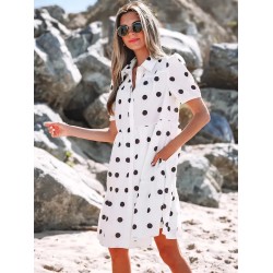 Women Fashion Casual Dot Print V-Neck Lapel Short-Sleeve Loose Dress