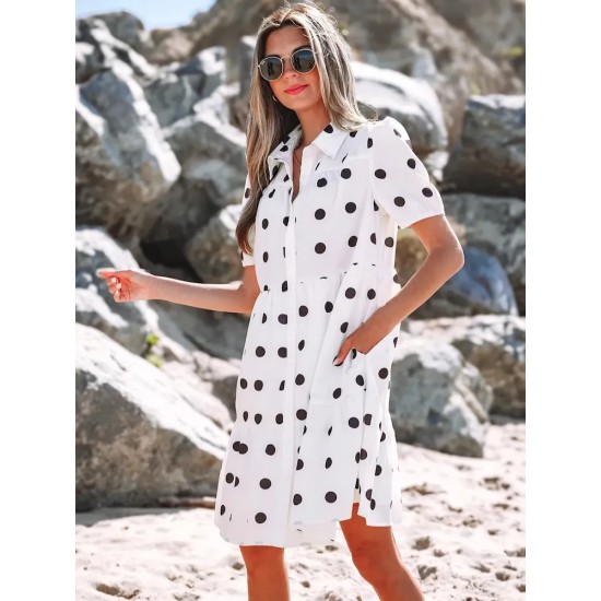 Women Fashion Casual Dot Print V-Neck Lapel Short-Sleeve Loose Dress Women Fashion Casual Dot Print V-Neck Lapel Short-Sleeve Loose Dress