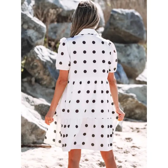 Women Fashion Casual Dot Print V-Neck Lapel Short-Sleeve Loose Dress Women Fashion Casual Dot Print V-Neck Lapel Short-Sleeve Loose Dress