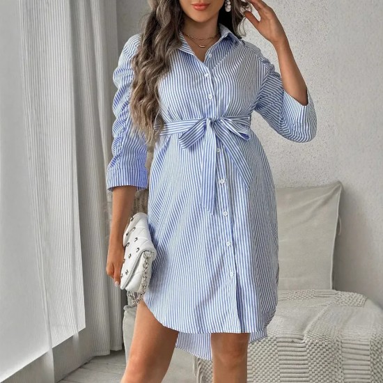 Pregnant Woman Fashion Casual Stripe Lapel Long-Sleeve Single Breasted Dress Pregnant Woman Fashion Casual Stripe Lapel Long-Sleeve Single Breasted Dress