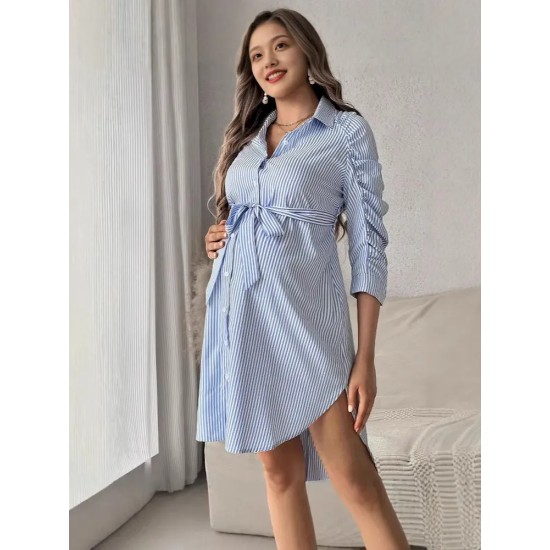 Pregnant Woman Fashion Casual Stripe Lapel Long-Sleeve Single Breasted Dress Pregnant Woman Fashion Casual Stripe Lapel Long-Sleeve Single Breasted Dress