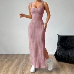 Women Fashion Sexy Solid Color Vertical Stripe Sleeveless Backless Split Slim-Fit Dress
