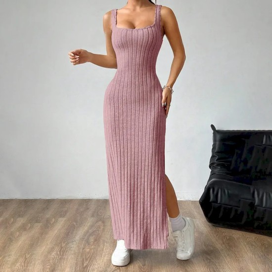 Women Fashion Sexy Solid Color Vertical Stripe Sleeveless Backless Split Slim-Fit Dress Women Fashion Sexy Solid Color Vertical Stripe Sleeveless Backless Split Slim-Fit Dress