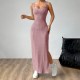 Women Fashion Sexy Solid Color Vertical Stripe Sleeveless Backless Split Slim-Fit Dress Women Fashion Sexy Solid Color Vertical Stripe Sleeveless Backless Split Slim-Fit Dress