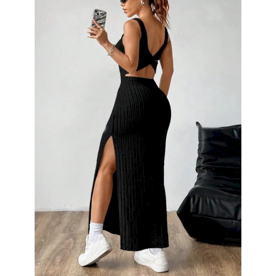 Women Fashion Sexy Solid Color Vertical Stripe Sleeveless Backless Split Slim-Fit Dress Women Fashion Sexy Solid Color Vertical Stripe Sleeveless Backless Split Slim-Fit Dress