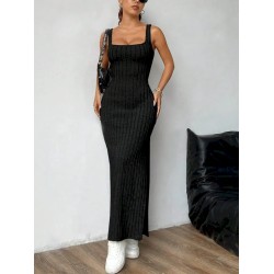 Women Fashion Sexy Solid Color Vertical Stripe Sleeveless Backless Split Slim-Fit Dress