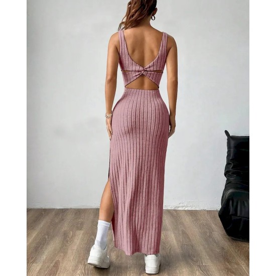 Women Fashion Sexy Solid Color Vertical Stripe Sleeveless Backless Split Slim-Fit Dress Women Fashion Sexy Solid Color Vertical Stripe Sleeveless Backless Split Slim-Fit Dress