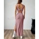 Women Fashion Sexy Solid Color Vertical Stripe Sleeveless Backless Split Slim-Fit Dress Women Fashion Sexy Solid Color Vertical Stripe Sleeveless Backless Split Slim-Fit Dress