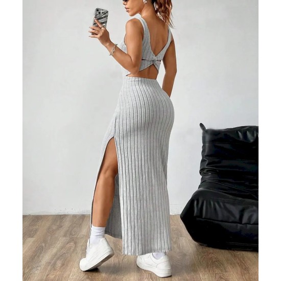 Women Fashion Sexy Solid Color Vertical Stripe Sleeveless Backless Split Slim-Fit Dress Women Fashion Sexy Solid Color Vertical Stripe Sleeveless Backless Split Slim-Fit Dress