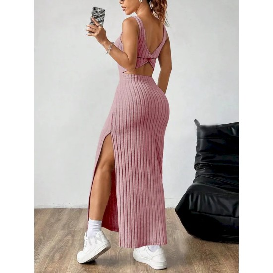 Women Fashion Sexy Solid Color Vertical Stripe Sleeveless Backless Split Slim-Fit Dress Women Fashion Sexy Solid Color Vertical Stripe Sleeveless Backless Split Slim-Fit Dress