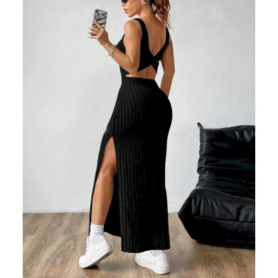 Women Fashion Sexy Solid Color Vertical Stripe Sleeveless Backless Split Slim-Fit Dress Women Fashion Sexy Solid Color Vertical Stripe Sleeveless Backless Split Slim-Fit Dress