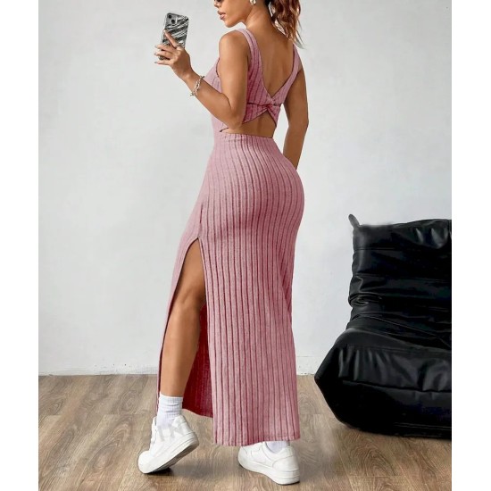 Women Fashion Sexy Solid Color Vertical Stripe Sleeveless Backless Split Slim-Fit Dress Women Fashion Sexy Solid Color Vertical Stripe Sleeveless Backless Split Slim-Fit Dress