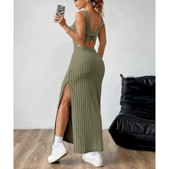 Women Fashion Sexy Solid Color Vertical Stripe Sleeveless Backless Split Slim-Fit Dress Women Fashion Sexy Solid Color Vertical Stripe Sleeveless Backless Split Slim-Fit Dress