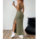 Women Fashion Sexy Solid Color Vertical Stripe Sleeveless Backless Split Slim-Fit Dress Women Fashion Sexy Solid Color Vertical Stripe Sleeveless Backless Split Slim-Fit Dress