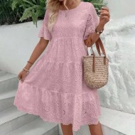 Women Fashion Casual Solid Color Cotton Lace Hollow Short-Sleeve Loose Dress