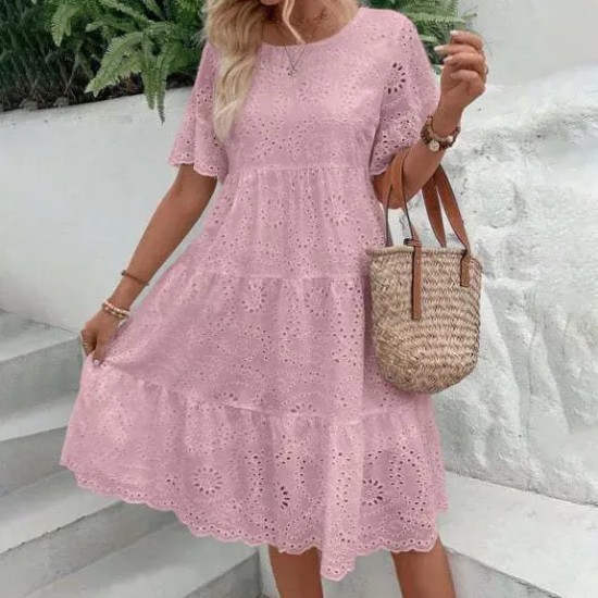 Women Fashion Casual Solid Color Cotton Lace Hollow Short-Sleeve Loose Dress Women Fashion Casual Solid Color Cotton Lace Hollow Short-Sleeve Loose Dress