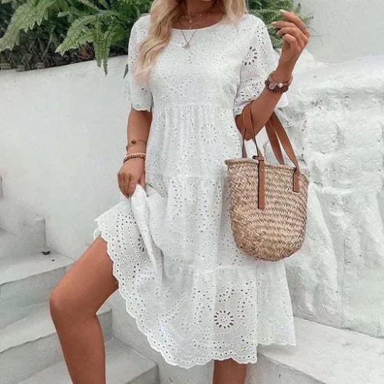 Women Fashion Casual Solid Color Cotton Lace Hollow Short-Sleeve Loose Dress Women Fashion Casual Solid Color Cotton Lace Hollow Short-Sleeve Loose Dress