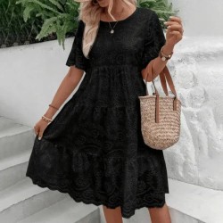 Women Fashion Casual Solid Color Cotton Lace Hollow Short-Sleeve Loose Dress