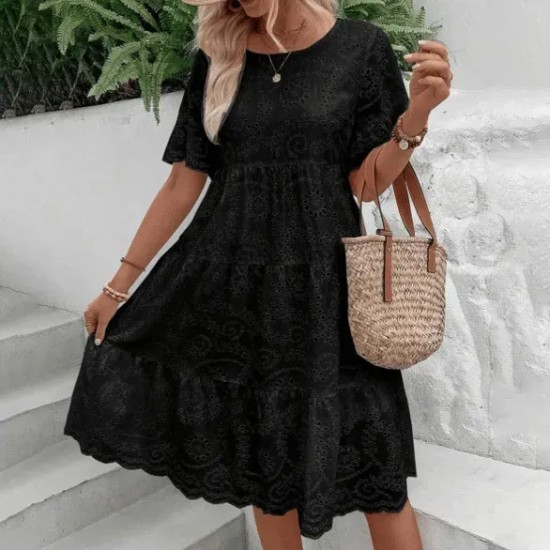 Women Fashion Casual Solid Color Cotton Lace Hollow Short-Sleeve Loose Dress Women Fashion Casual Solid Color Cotton Lace Hollow Short-Sleeve Loose Dress