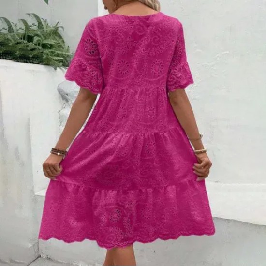 Women Fashion Casual Solid Color Cotton Lace Hollow Short-Sleeve Loose Dress Women Fashion Casual Solid Color Cotton Lace Hollow Short-Sleeve Loose Dress