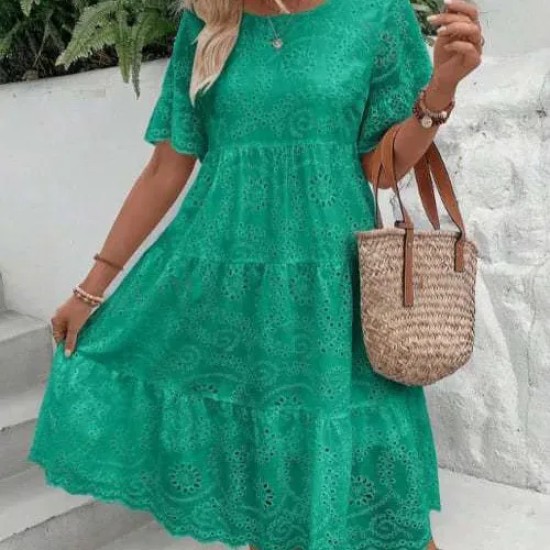 Women Fashion Casual Solid Color Cotton Lace Hollow Short-Sleeve Loose Dress Women Fashion Casual Solid Color Cotton Lace Hollow Short-Sleeve Loose Dress