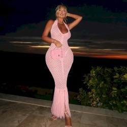Women Fashion Sexy Solid Color Halter-Neck Backless Knitted Tassel Tight Dress