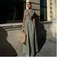 Women Fashion Casual Solid Color Sleeveless High Waist Zipper Slim-Fit Dress