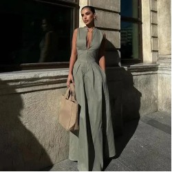 Women Fashion Casual Solid Color Sleeveless High Waist Zipper Slim-Fit Dress