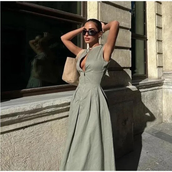 Women Fashion Casual Solid Color Sleeveless High Waist Zipper Slim-Fit Dress Women Fashion Casual Solid Color Sleeveless High Waist Zipper Slim-Fit Dress
