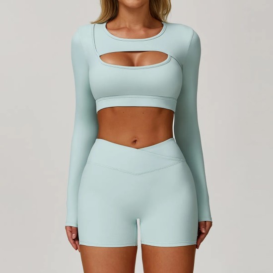 Women Fashion Casual Solid Color Long Sleeve Hollow-Out Yoga Sports T-Shirt Women Fashion Casual Solid Color Long Sleeve Hollow-Out Yoga Sports T-Shirt