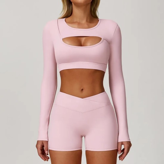 Women Fashion Casual Solid Color Long Sleeve Hollow-Out Yoga Sports T-Shirt Women Fashion Casual Solid Color Long Sleeve Hollow-Out Yoga Sports T-Shirt