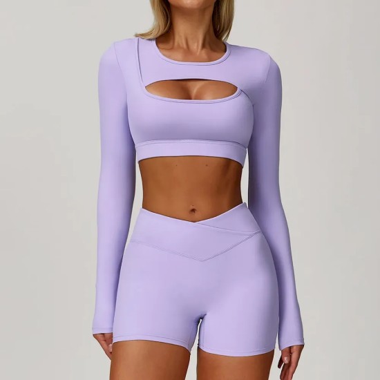 Women Fashion Casual Solid Color Long Sleeve Hollow-Out Yoga Sports T-Shirt Women Fashion Casual Solid Color Long Sleeve Hollow-Out Yoga Sports T-Shirt