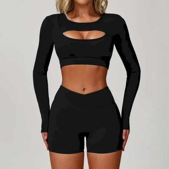 Women Fashion Casual Solid Color Long Sleeve Hollow-Out Yoga Sports T-Shirt Women Fashion Casual Solid Color Long Sleeve Hollow-Out Yoga Sports T-Shirt