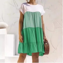 Women Fashion Casual Color Block Round Neck Short Sleeve Loose Dress