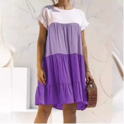 Women Fashion Casual Color Block Round Neck Short Sleeve Loose Dress