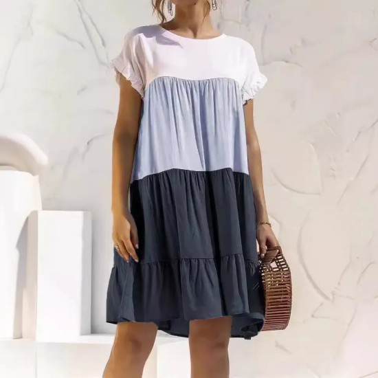 Women Fashion Casual Color Block Round Neck Short Sleeve Loose Dress Women Fashion Casual Color Block Round Neck Short Sleeve Loose Dress