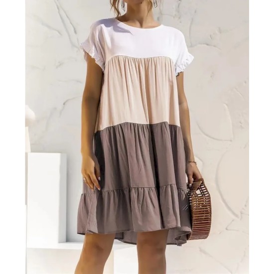 Women Fashion Casual Color Block Round Neck Short Sleeve Loose Dress Women Fashion Casual Color Block Round Neck Short Sleeve Loose Dress