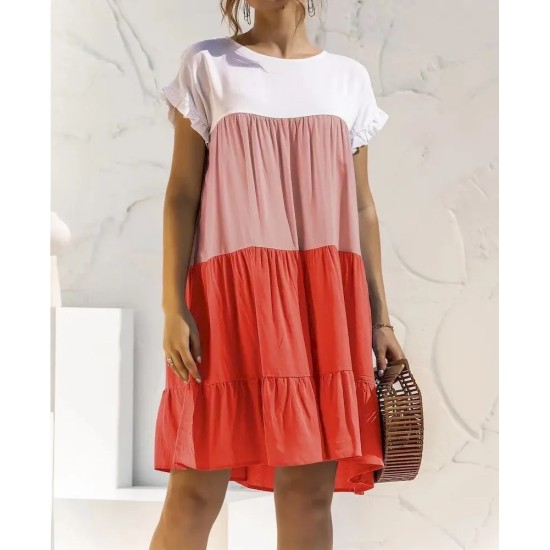 Women Fashion Casual Color Block Round Neck Short Sleeve Loose Dress Women Fashion Casual Color Block Round Neck Short Sleeve Loose Dress
