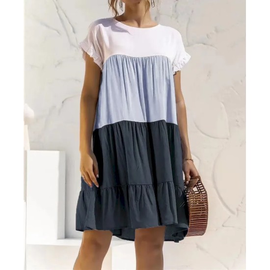 Women Fashion Casual Color Block Round Neck Short Sleeve Loose Dress Women Fashion Casual Color Block Round Neck Short Sleeve Loose Dress