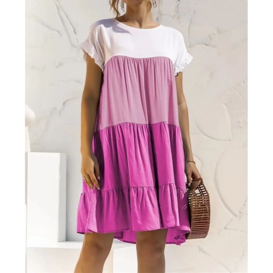 Women Fashion Casual Color Block Round Neck Short Sleeve Loose Dress Women Fashion Casual Color Block Round Neck Short Sleeve Loose Dress