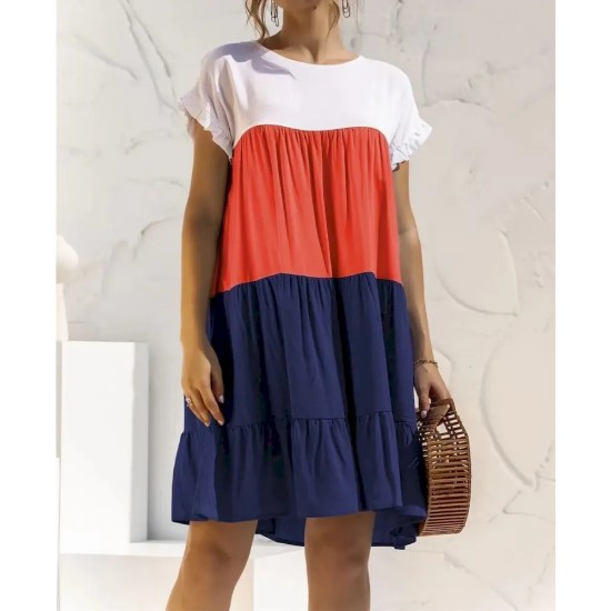 Women Fashion Casual Color Block Round Neck Short Sleeve Loose Dress Women Fashion Casual Color Block Round Neck Short Sleeve Loose Dress