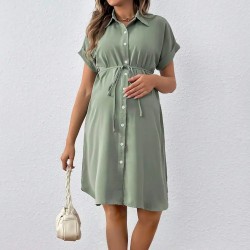 Pregnant Women Casual Solid Color Lapel Short-Sleeve Single Breasted Dress