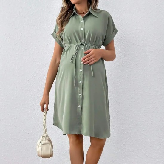 Pregnant Women Casual Solid Color Lapel Short-Sleeve Single Breasted Dress Pregnant Women Casual Solid Color Lapel Short-Sleeve Single Breasted Dress