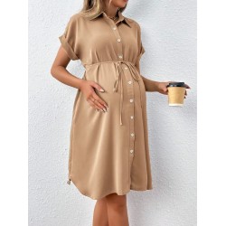 Pregnant Women Casual Solid Color Lapel Short-Sleeve Single Breasted Dress