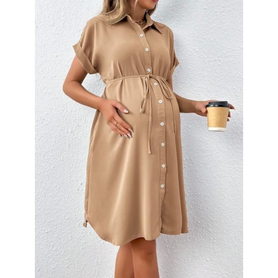Pregnant Women Casual Solid Color Lapel Short-Sleeve Single Breasted Dress Pregnant Women Casual Solid Color Lapel Short-Sleeve Single Breasted Dress