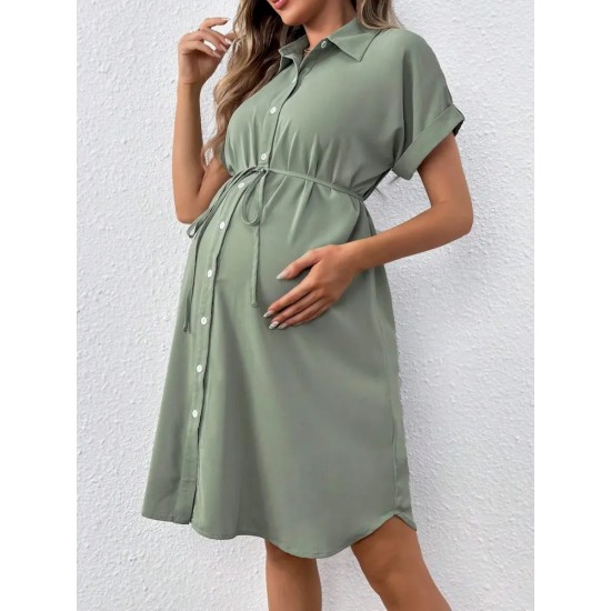 Pregnant Women Casual Solid Color Lapel Short-Sleeve Single Breasted Dress Pregnant Women Casual Solid Color Lapel Short-Sleeve Single Breasted Dress