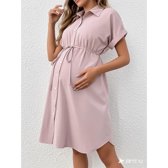 Pregnant Women Casual Solid Color Lapel Short-Sleeve Single Breasted Dress Pregnant Women Casual Solid Color Lapel Short-Sleeve Single Breasted Dress