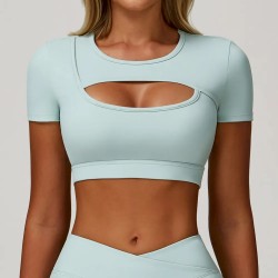 Women Fashion Casual Solid Color Short-Sleeve Hollow-Out Yoga Sports T-Shirt